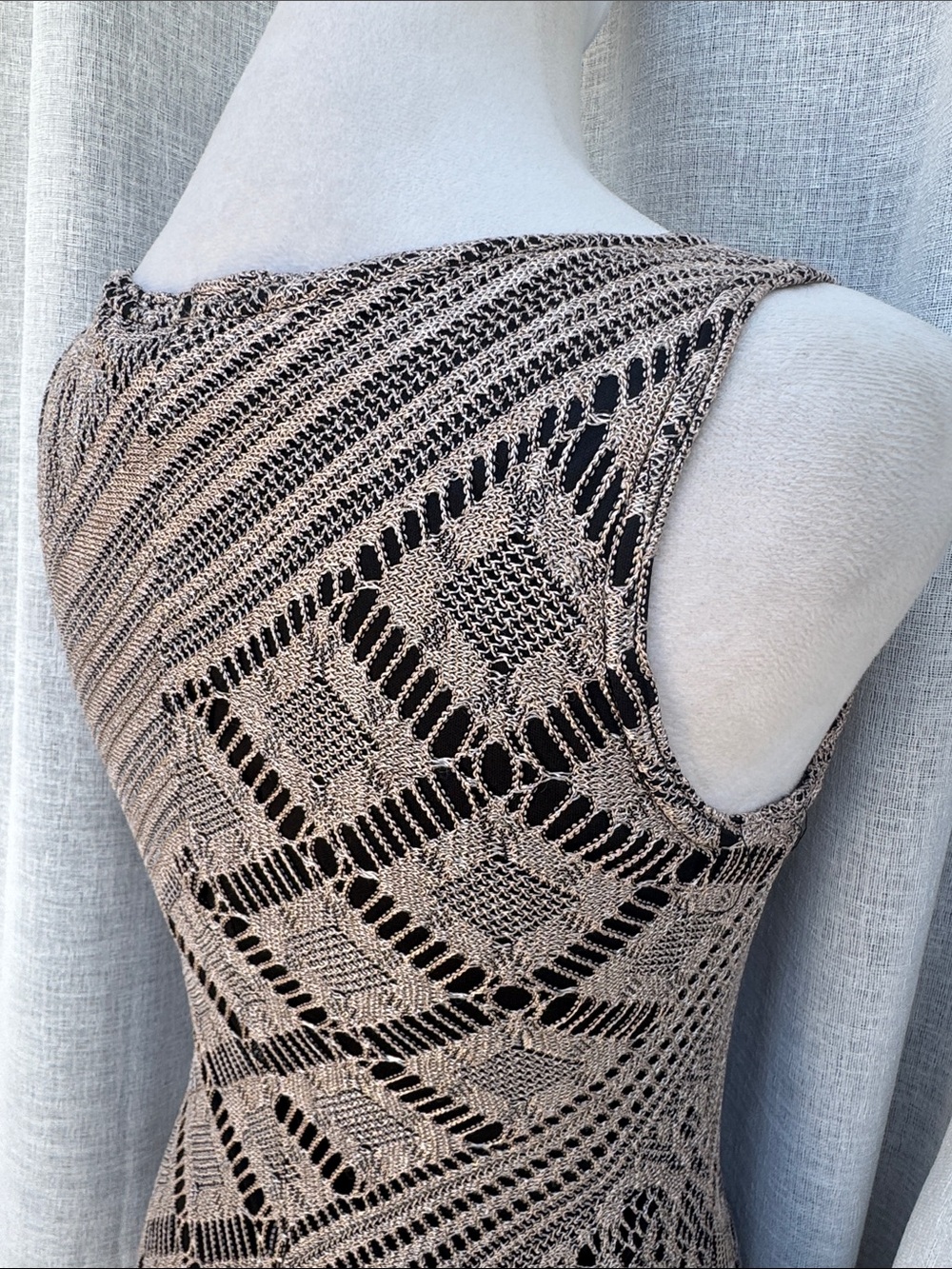 1990 Double Fault sleeveless taupe black mini dress diagonal lace fringe hem - Picture 5 of 8